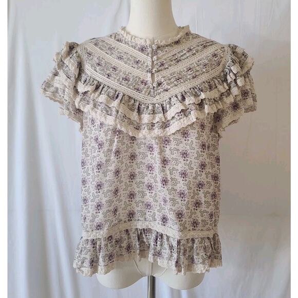 Sea NY Womens Designer Tan Purple Floral Victorian Yvonne Top Medium - Picture 3 of 7